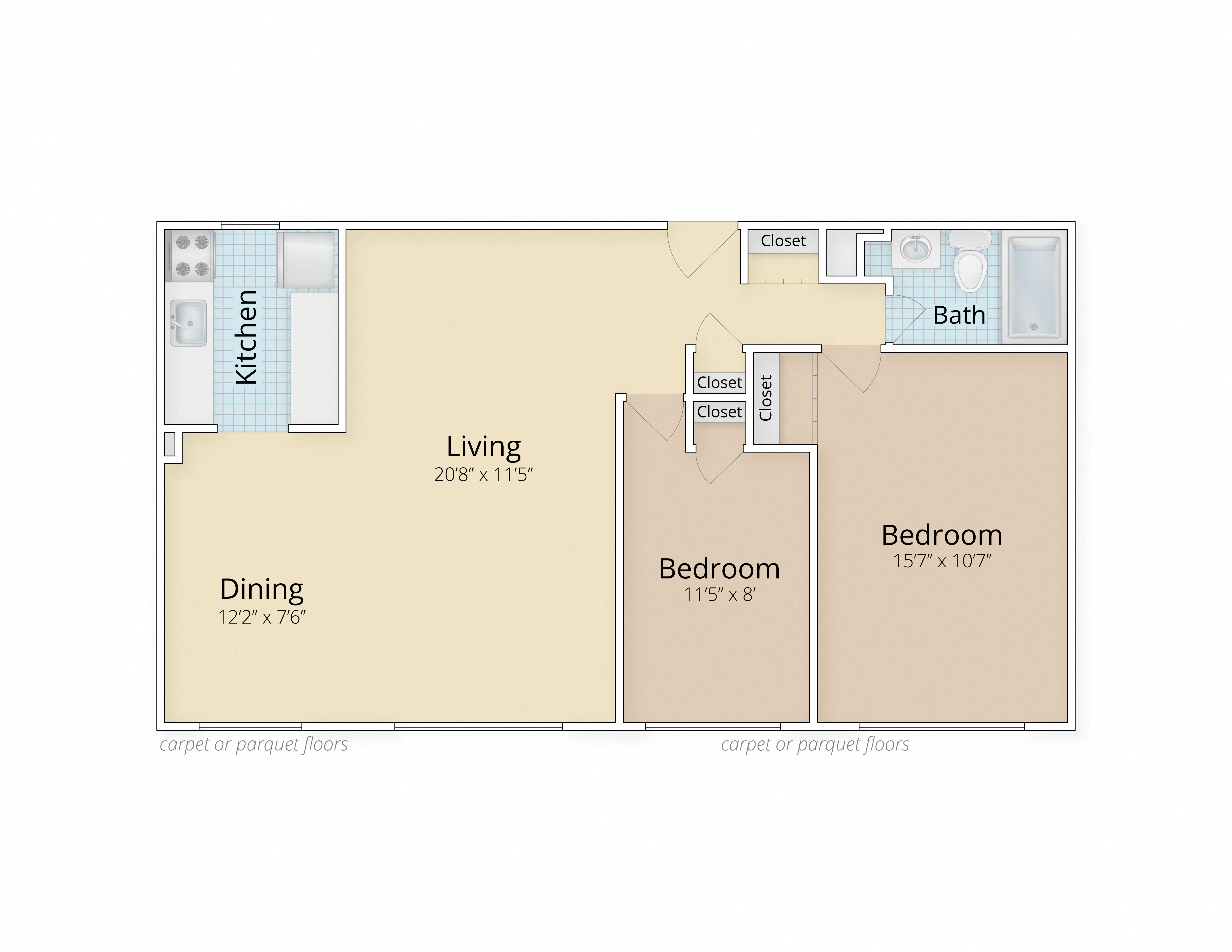 Two Bedroom One Bath Floor Plan at Legation House in Washington, DC 20015